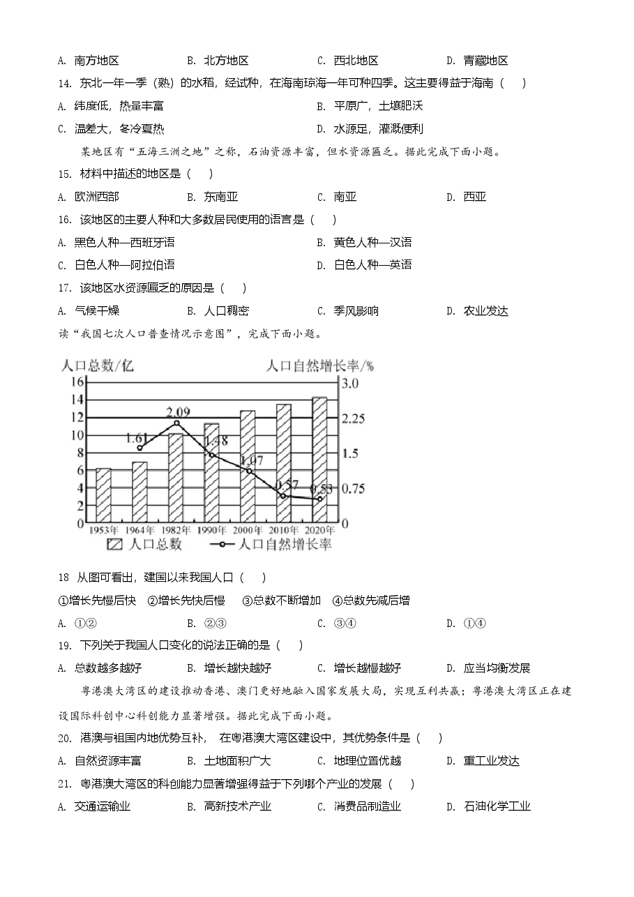精品解析：2021年海南省中考地理真题（原卷版）.doc，第4页预览