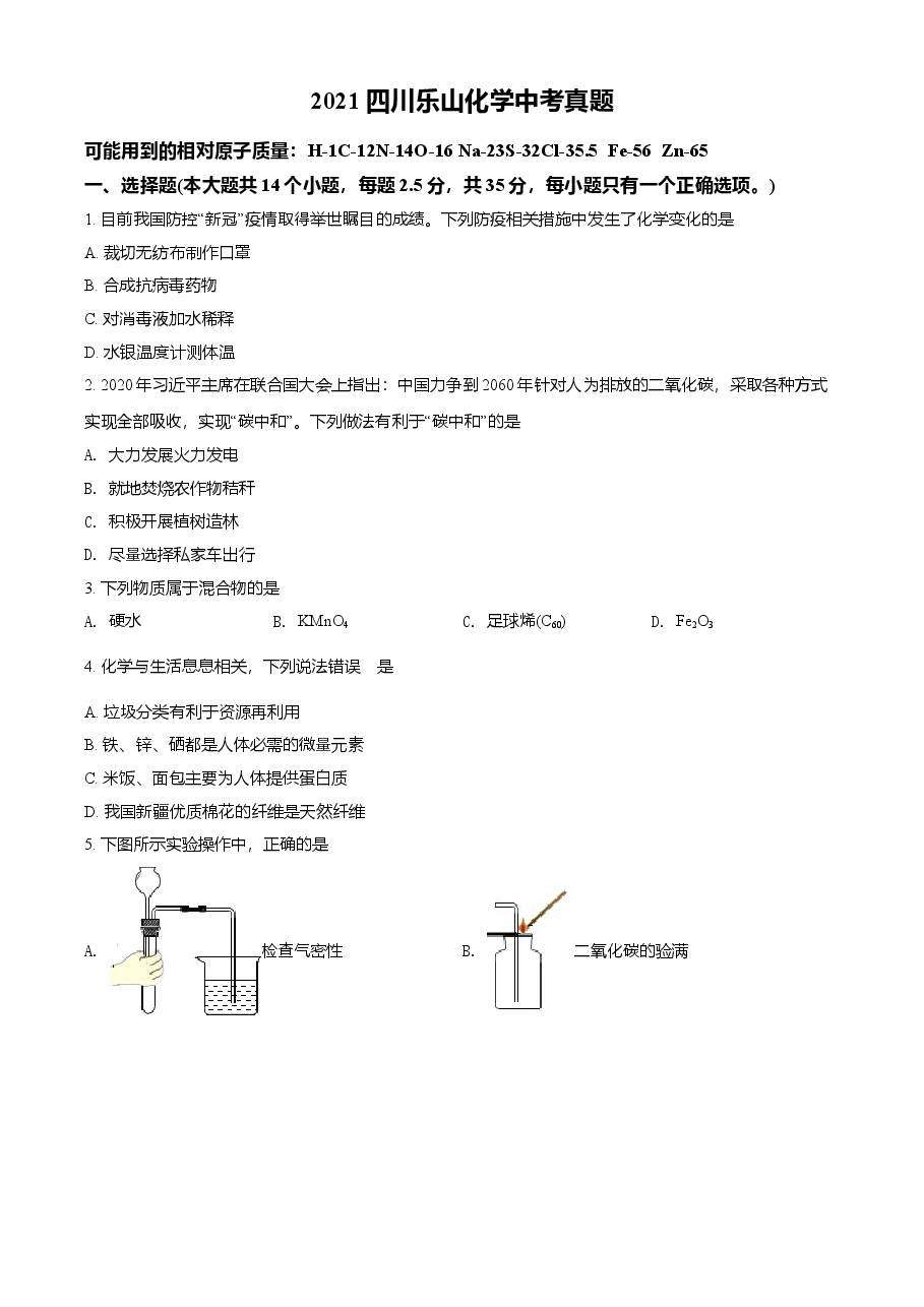 精品解析:四川省乐山市2021年中考化学试题(原卷版).doc,第1页预览