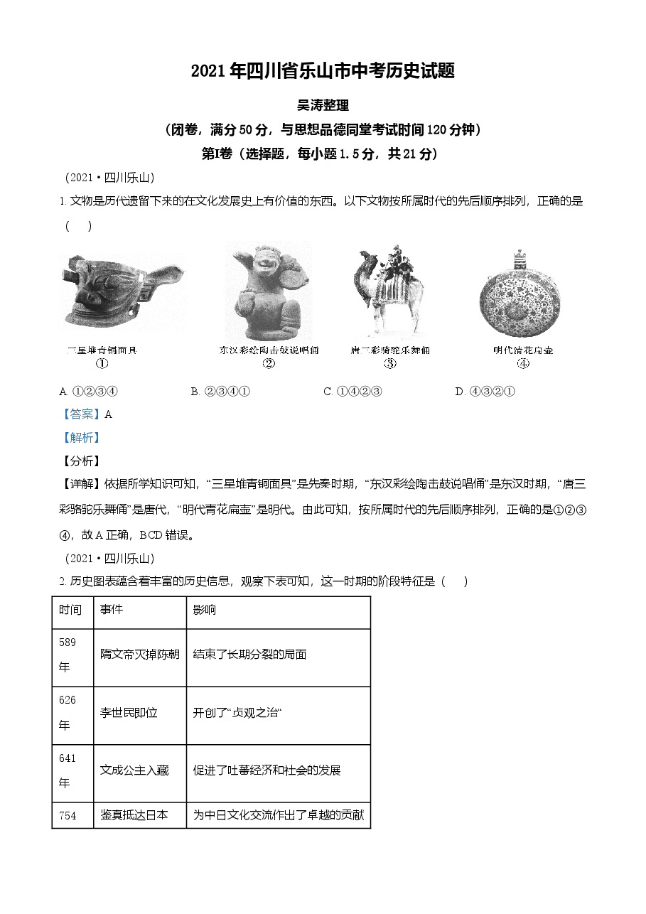 精品解析:2021年四川省乐山市中考历史试题(解析版).doc,第1页预览