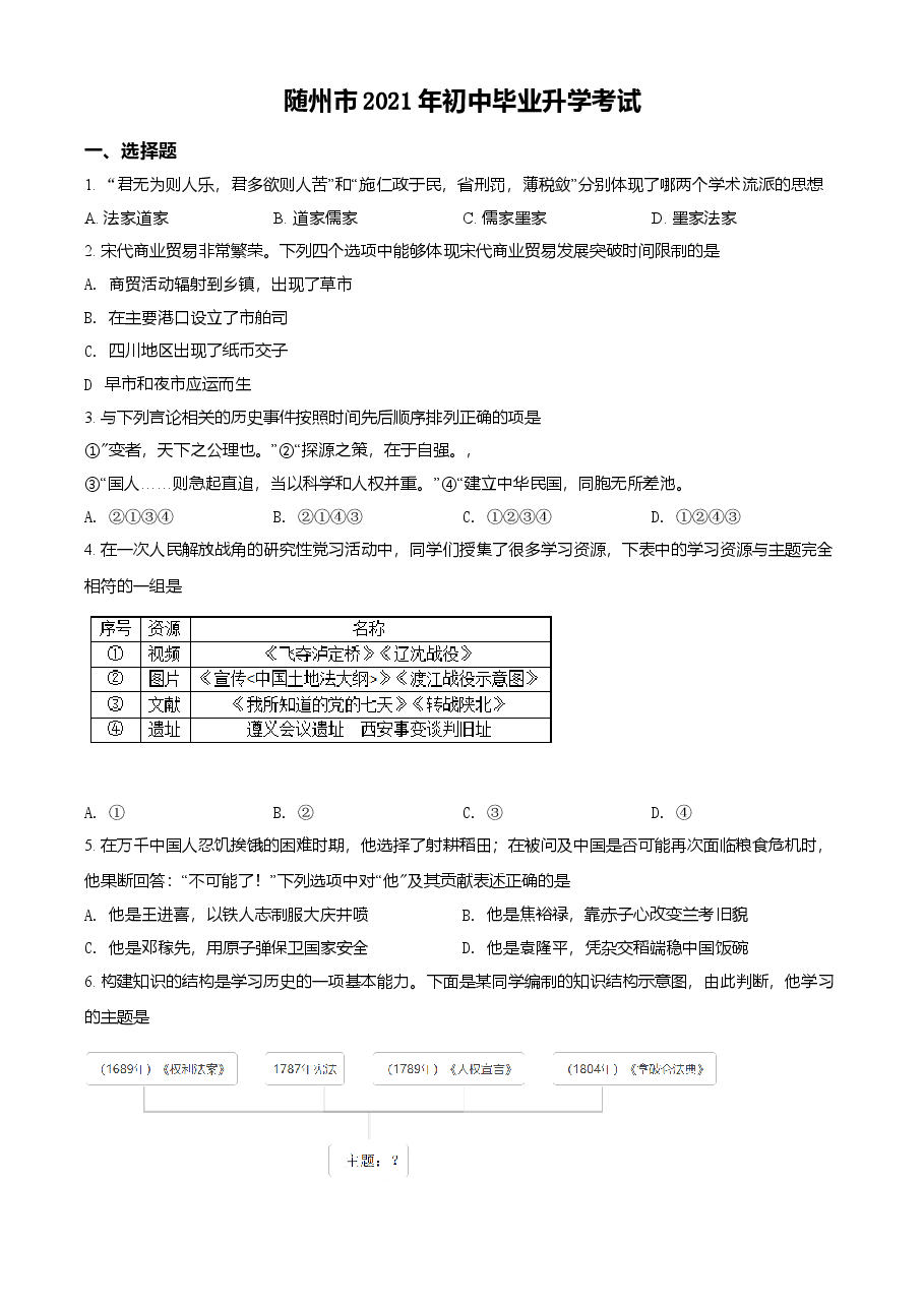 精品解析:2021年湖北省随州市中考历史试题(原卷版).doc,第1页预览