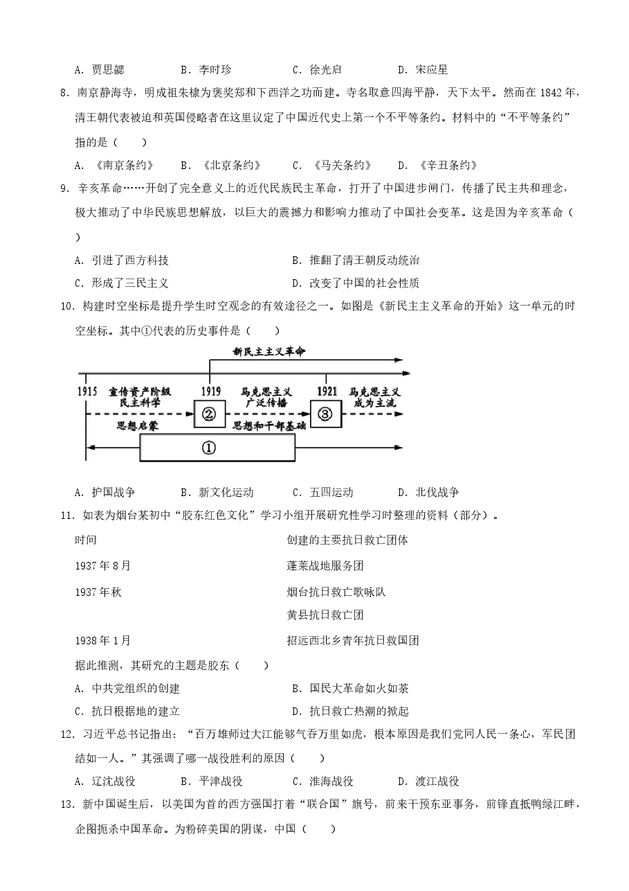 精品解析:2021年山东省烟台市中考历史真题(word,解析版).docx,第2页预览