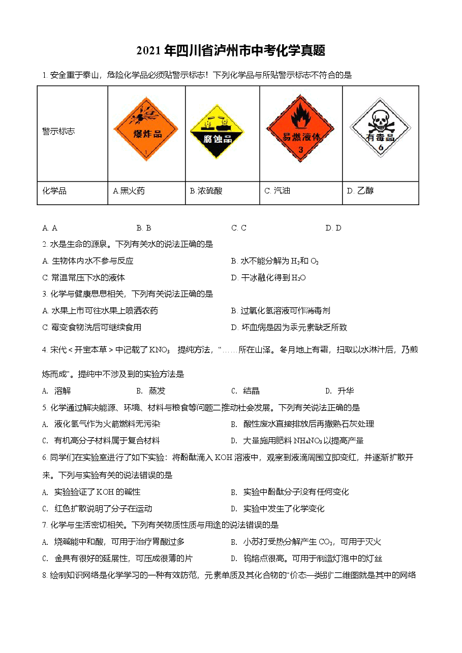 精品解析：四川省泸州市2021年中考化学试题（原卷版）.doc，第1页预览