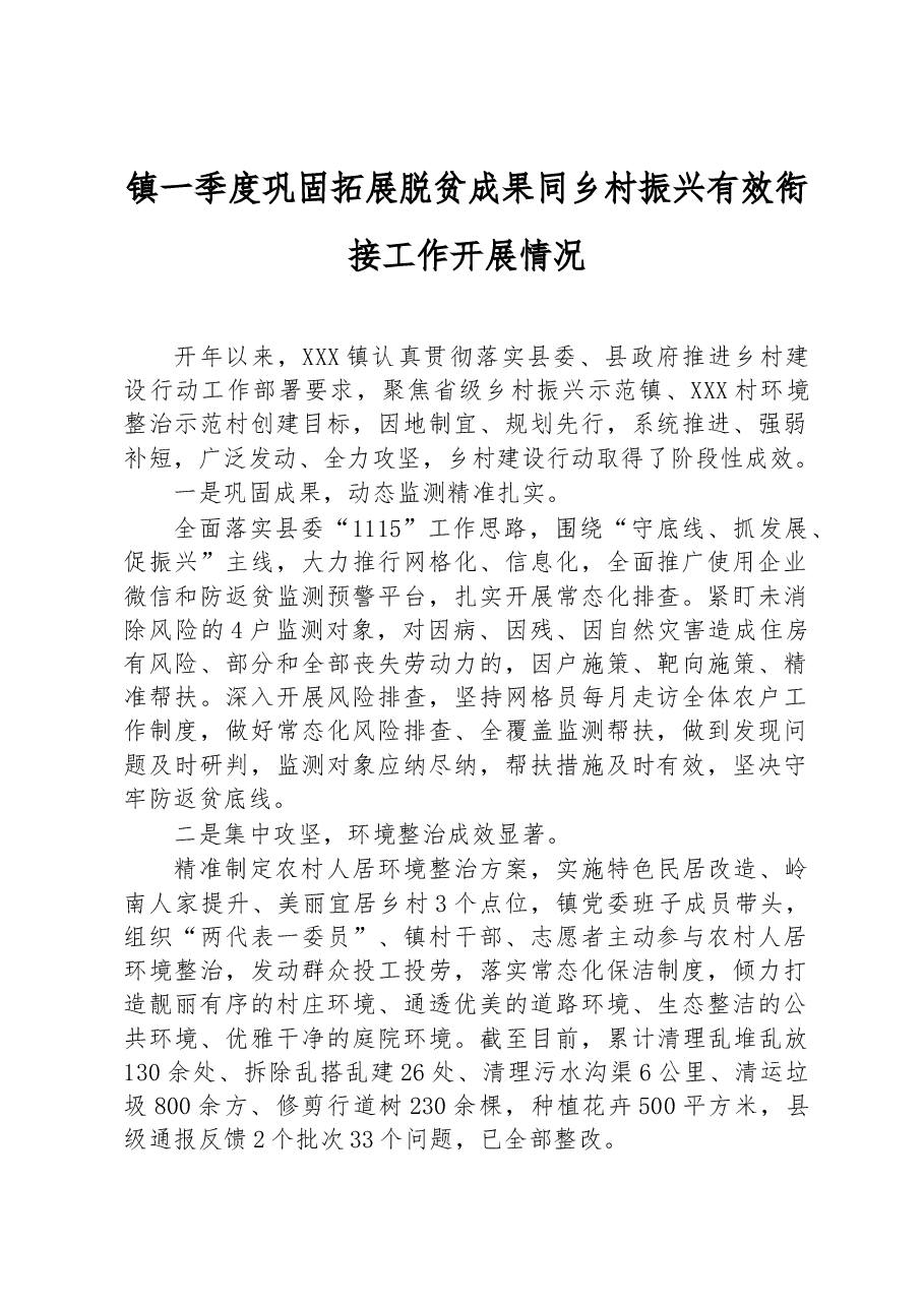 镇一季度巩固拓展脱贫成果同乡村振兴有效衔接工作开展情况.docx,第1页预览