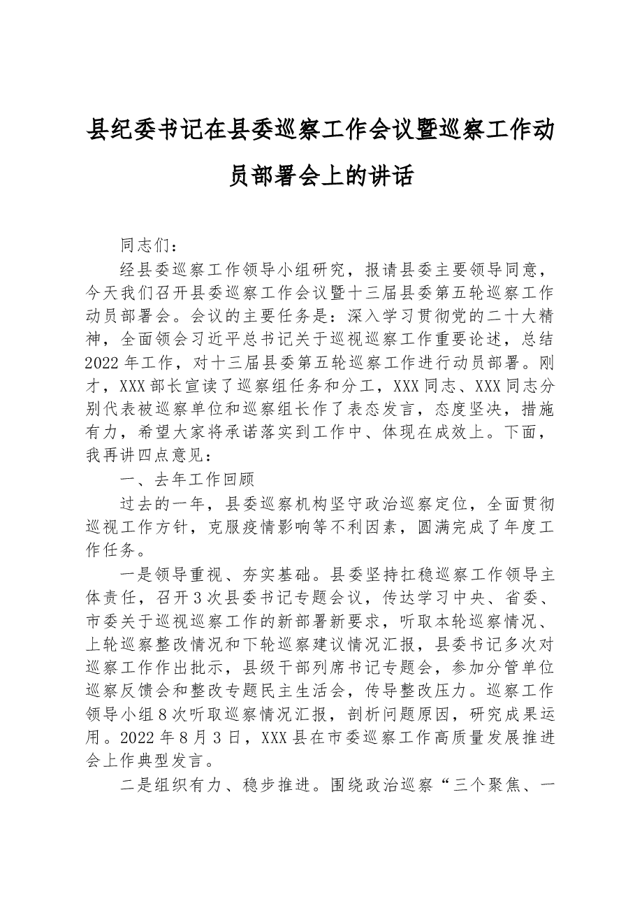 县纪委书记在县委巡察工作会议暨巡察工作动员部署会上的讲话.docx,第1页预览