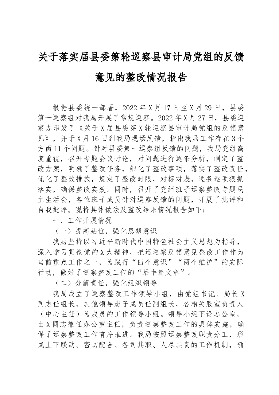 关于落实届县委第轮巡察县审计局党组的反馈意见的整改情况报告.docx,第1页预览
