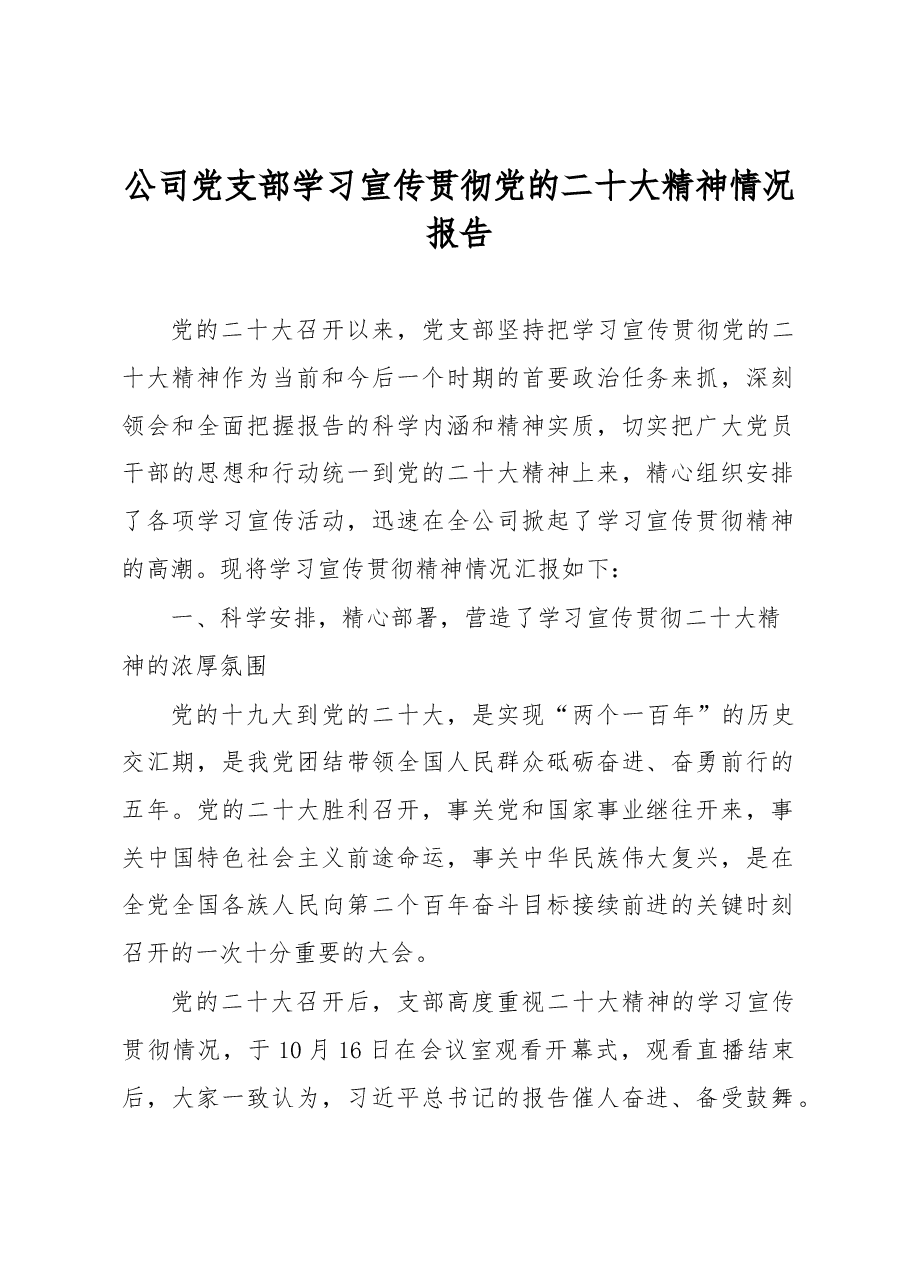 公司党支部学习宣传贯彻党的二十大精神情况报告.docx,第1页预览