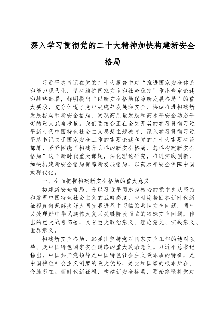 深入学习贯彻党的二十大精神 加快构建新安全格局.docx,第1页预览