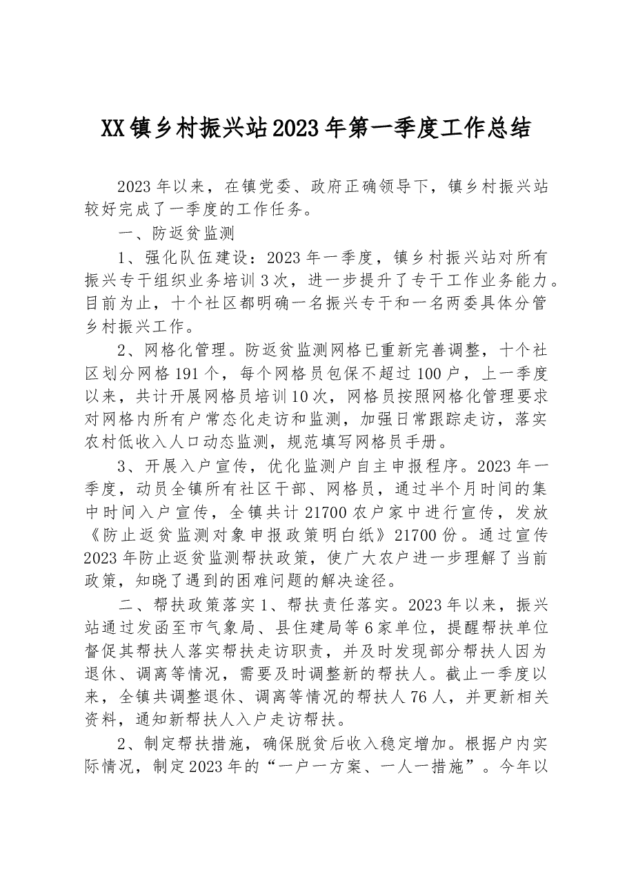XX镇乡村振兴站2023年第一季度工作总结.docx,第1页预览