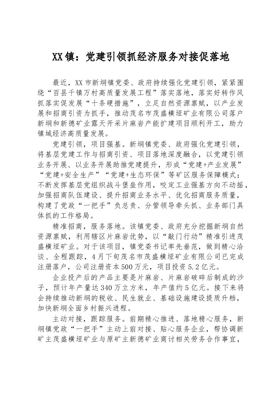 XX镇:党建引领抓经济 服务对接促落地.docx,第1页预览