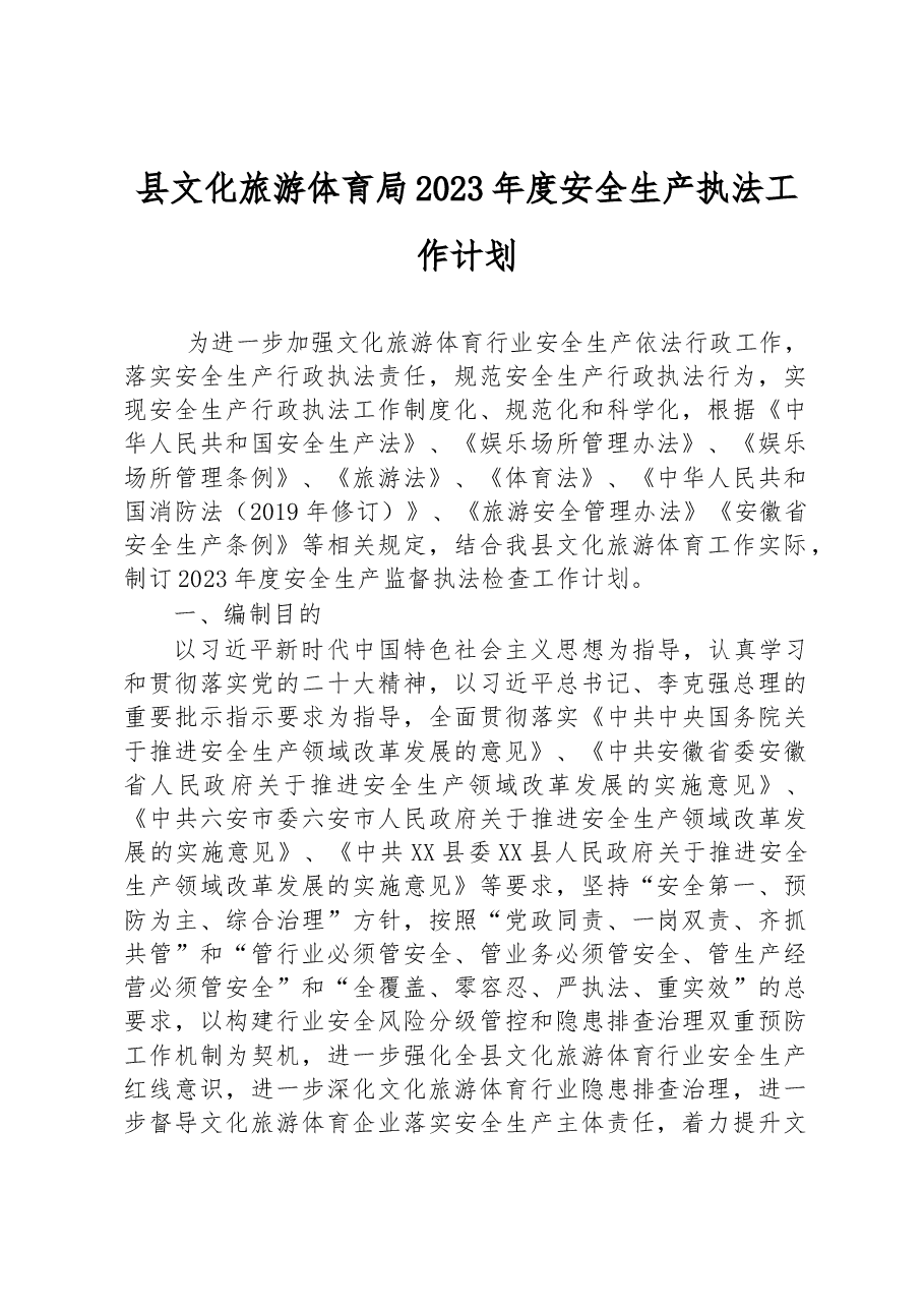 县文化旅游体育局2023年度安全生产执法工作计划.docx,第1页预览