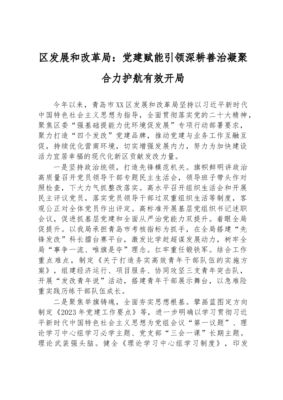 区发展和改革局: 党建赋能引领深耕善治 凝聚合力护航有效开局.docx,第1页预览