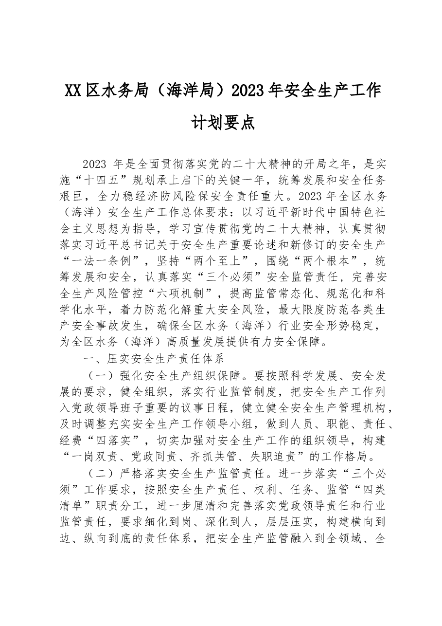 XX区水务局(海洋局)2023年安全生产工作计划要点.docx,第1页预览