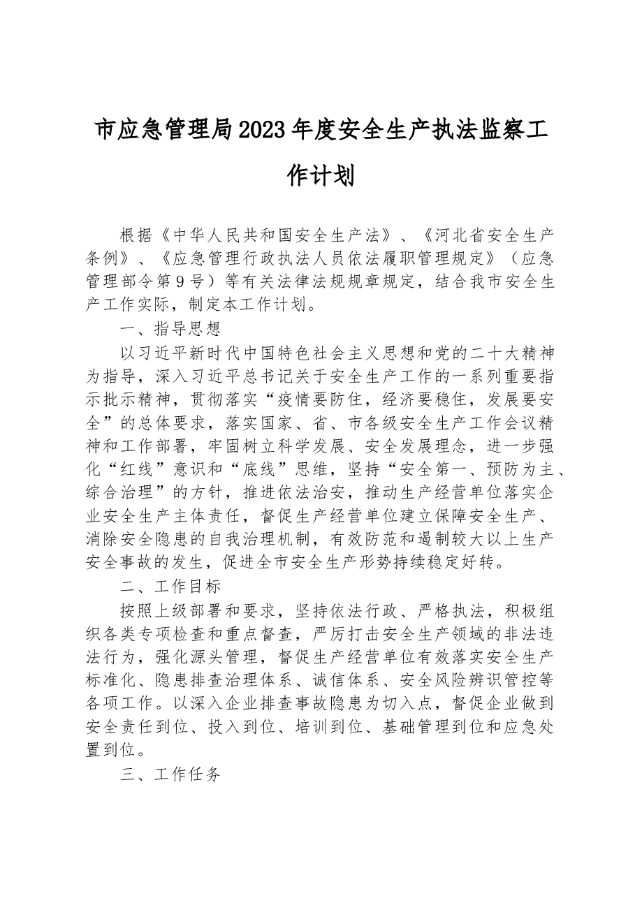 市应急管理局2023年度安全生产执法监察工作计划.docx，第1页预览
