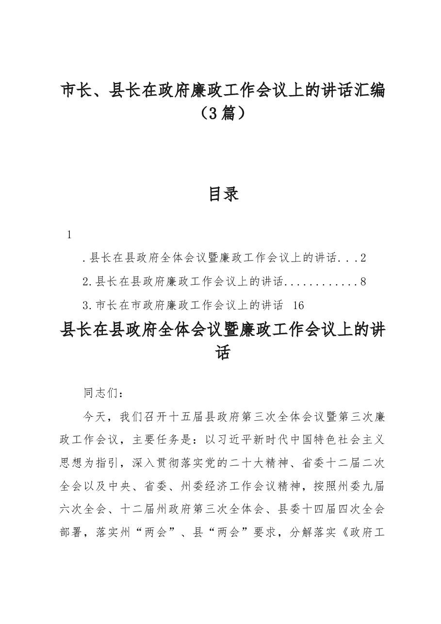 （3篇）市长、县长在政府廉政工作会议上的讲话汇编.docx，第1页预览