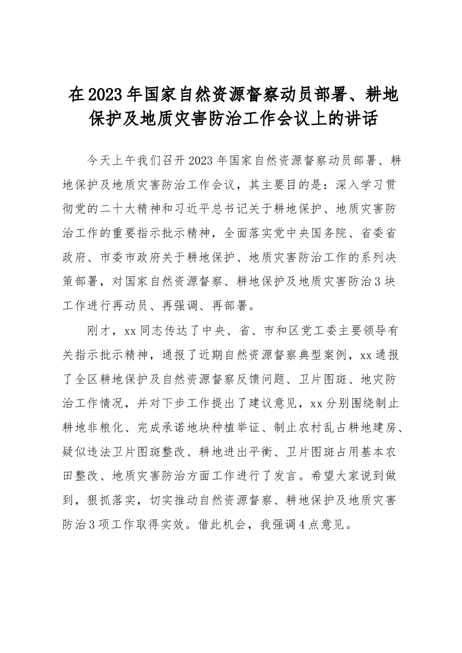 在2023年国家自然资源督察动员部署、耕地保护及地质灾害防治工作会议上的讲话.docx,第1页预览