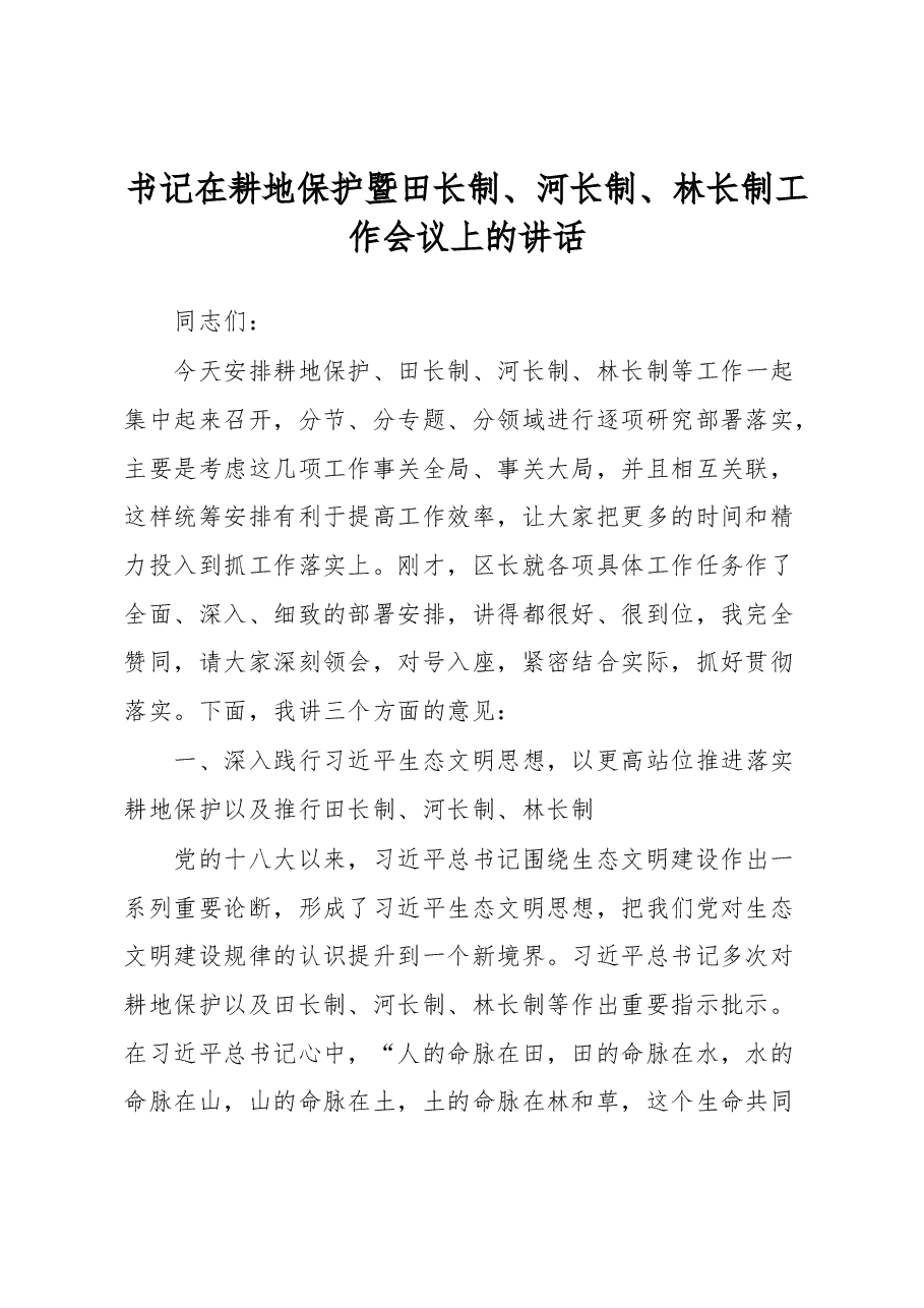 书记在耕地保护暨田长制、河长制、林长制工作会议上的讲话.docx,第1页预览