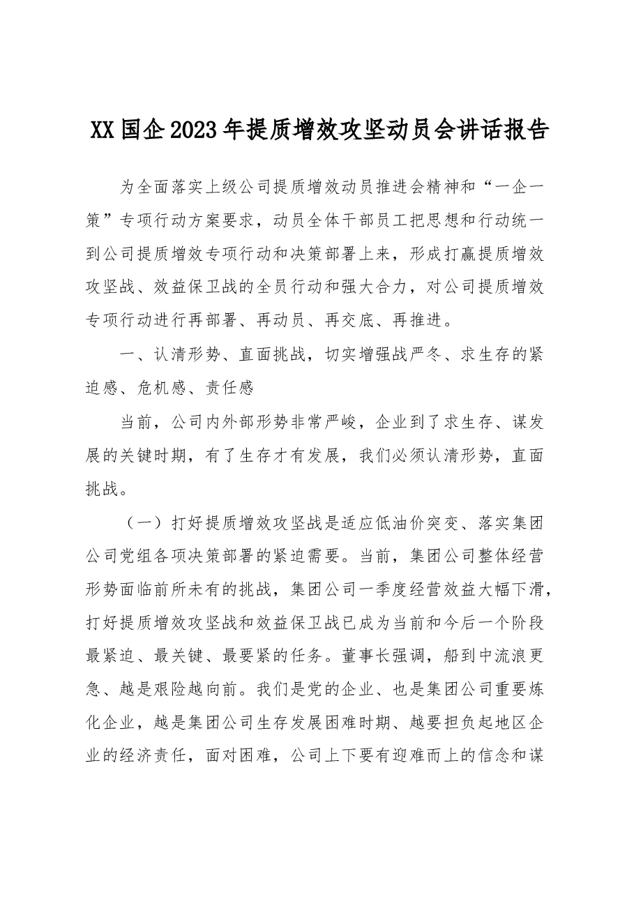XX国企2023年提质增效攻坚动员会讲话报告.docx,第1页预览