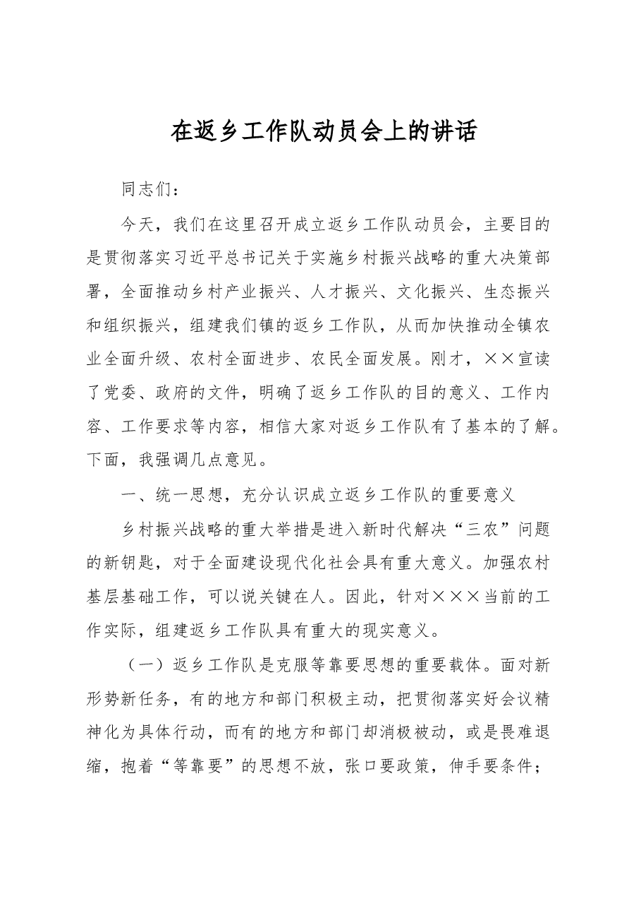 在返乡工作队动员会上的讲话.docx,第1页预览