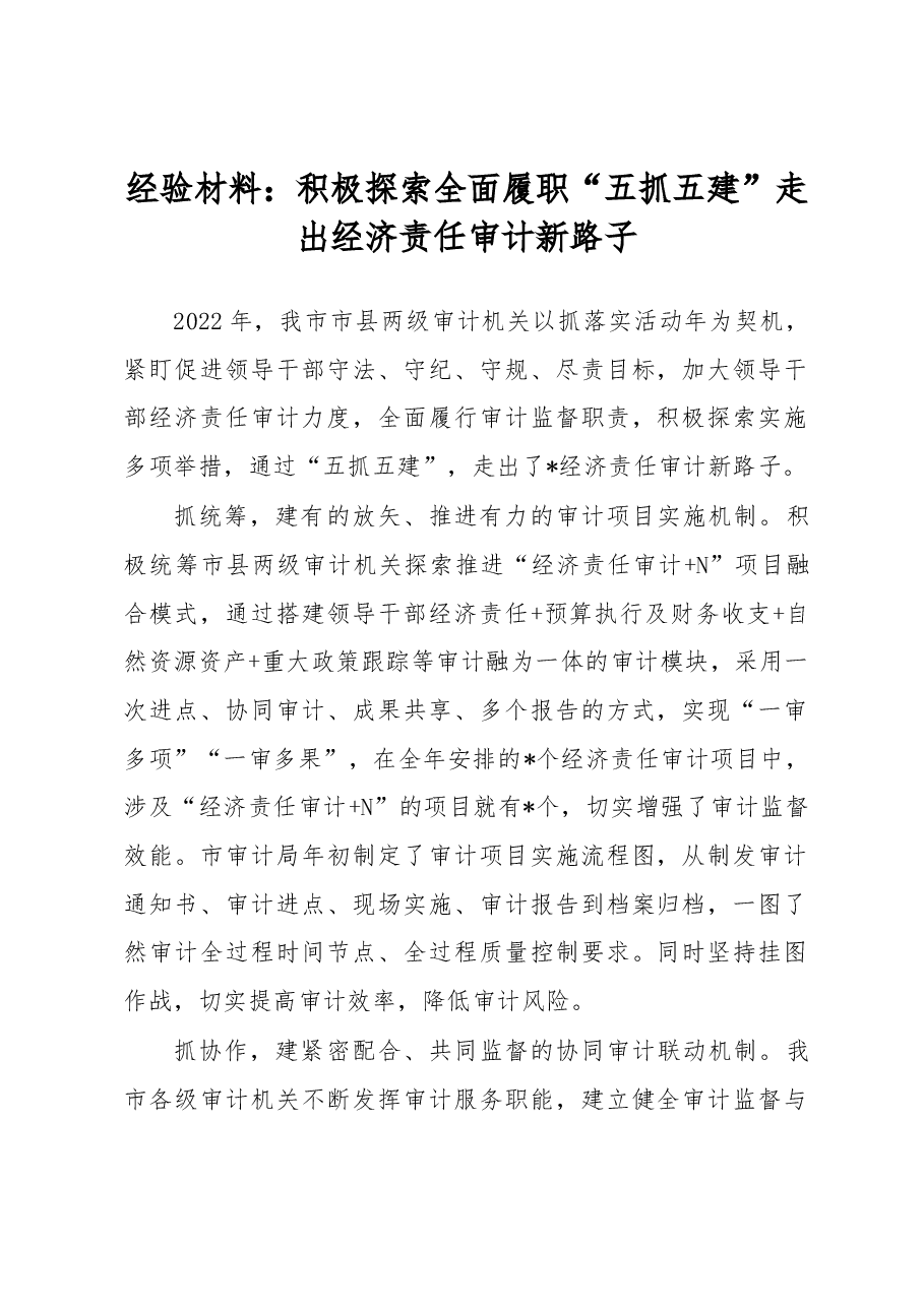 经验材料:积极探索全面履职“五抓五建”走出经济责任审计新路子.docx,第1页预览