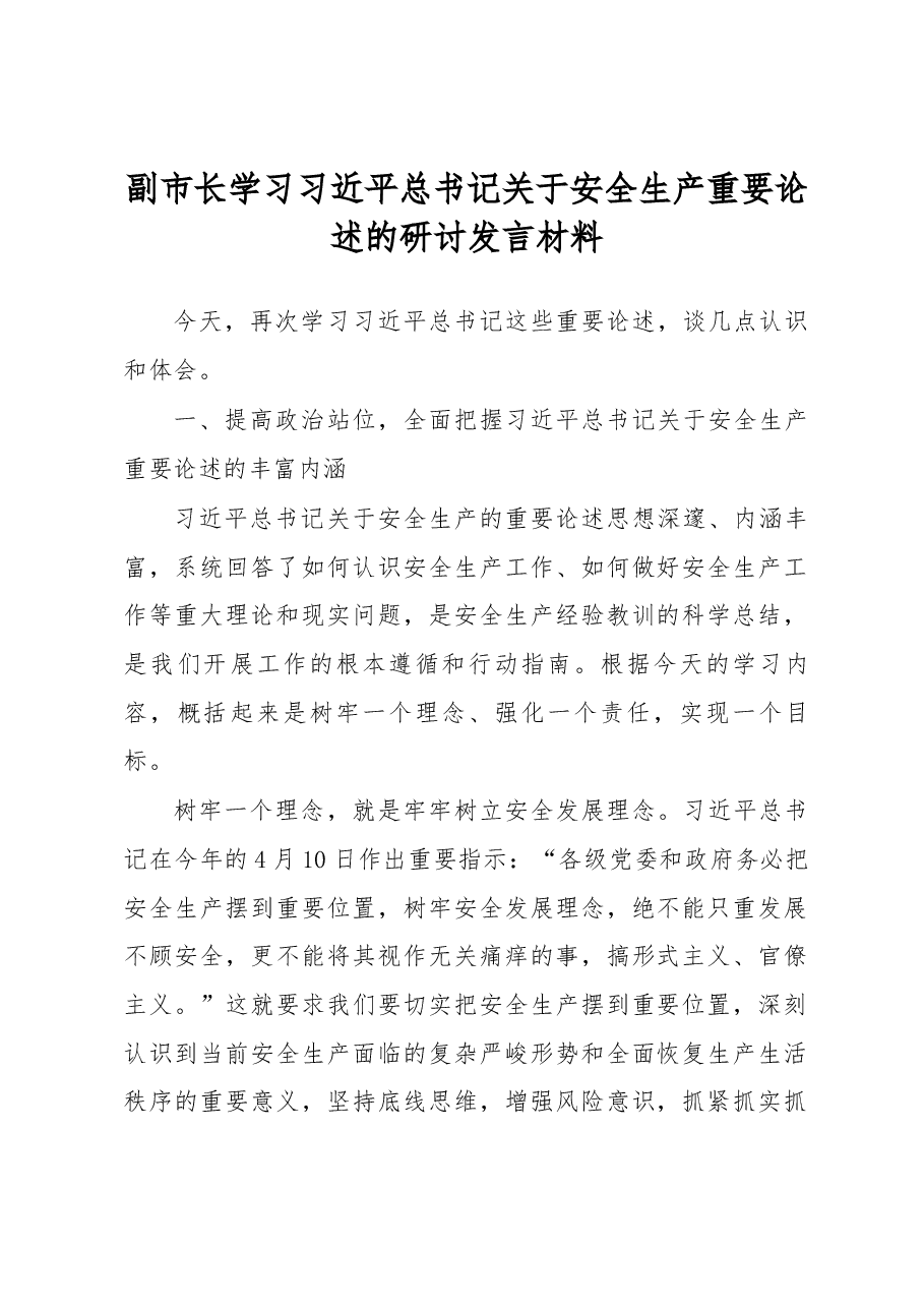 副市长学习习近平总书记关于安全生产重要论述的研讨发言材料.docx,第1页预览