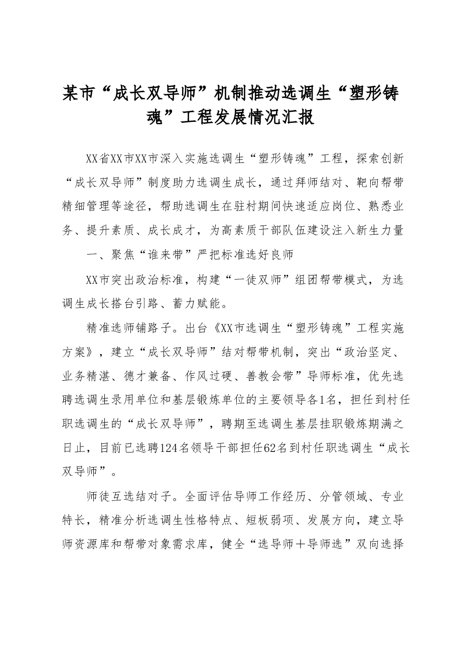 某市“成长双导师”机制推动选调生“塑形铸魂”工程发展情况汇报.docx,第1页预览