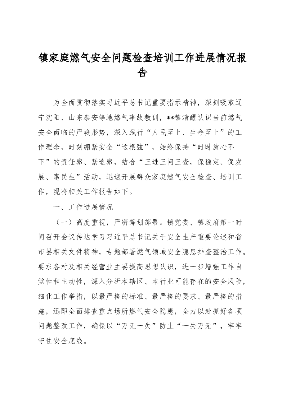镇家庭燃气安全问题检查培训工作进展情况报告.docx,第1页预览