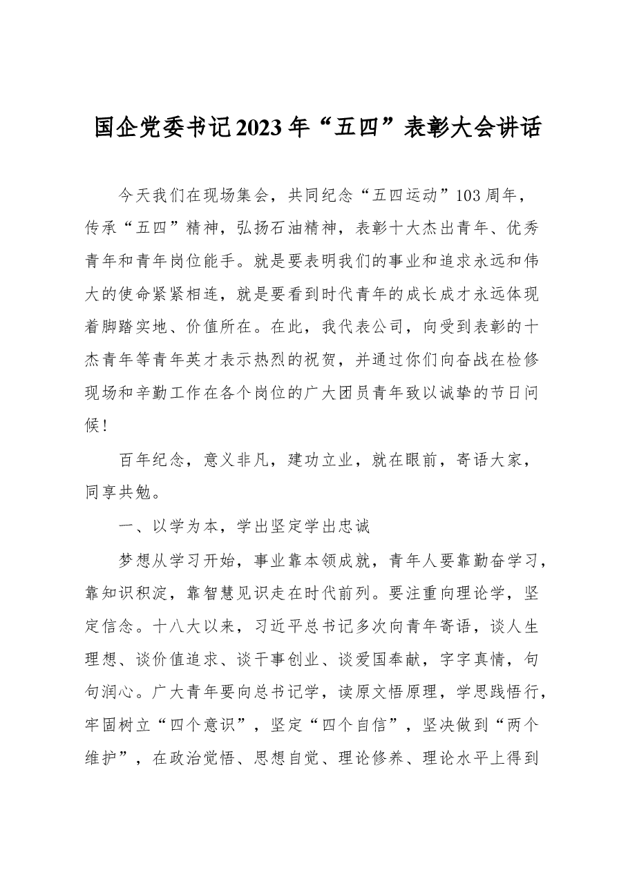 国企党委书记2023年“五四”表彰大会讲话.docx,第1页预览