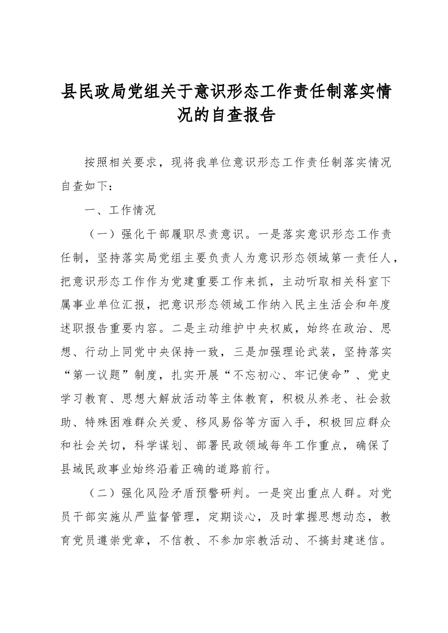 县民政局党组关于意识形态工作责任制落实情况的自查报告.docx,第1页预览