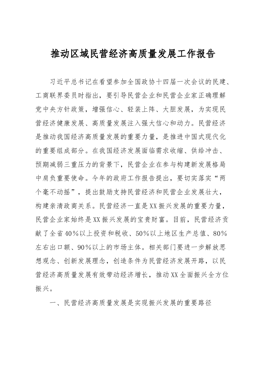 推动区域民营经济高质量发展工作报告.docx,第1页预览