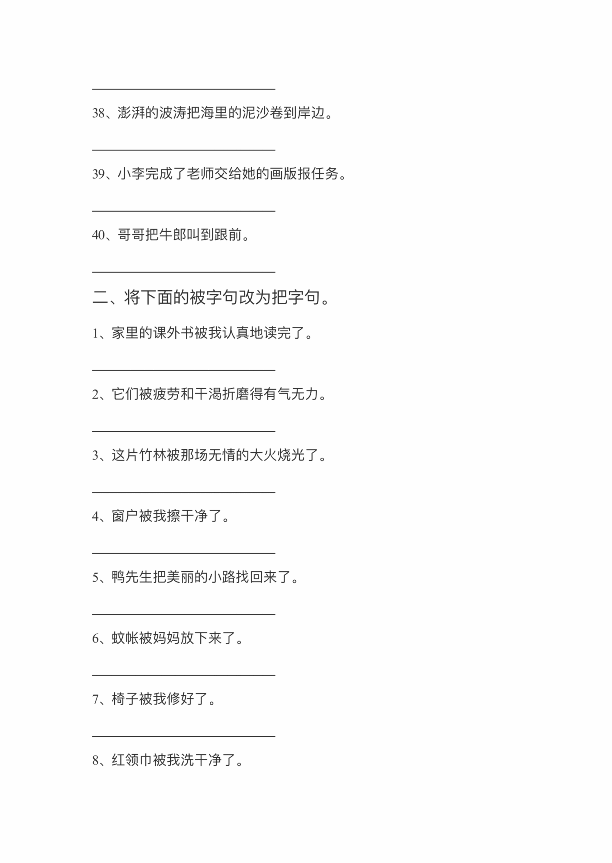 小学语文部编版二年级上册把字句被字句专项练习题(共90个句子)_纯图版.pdf,第4页预览