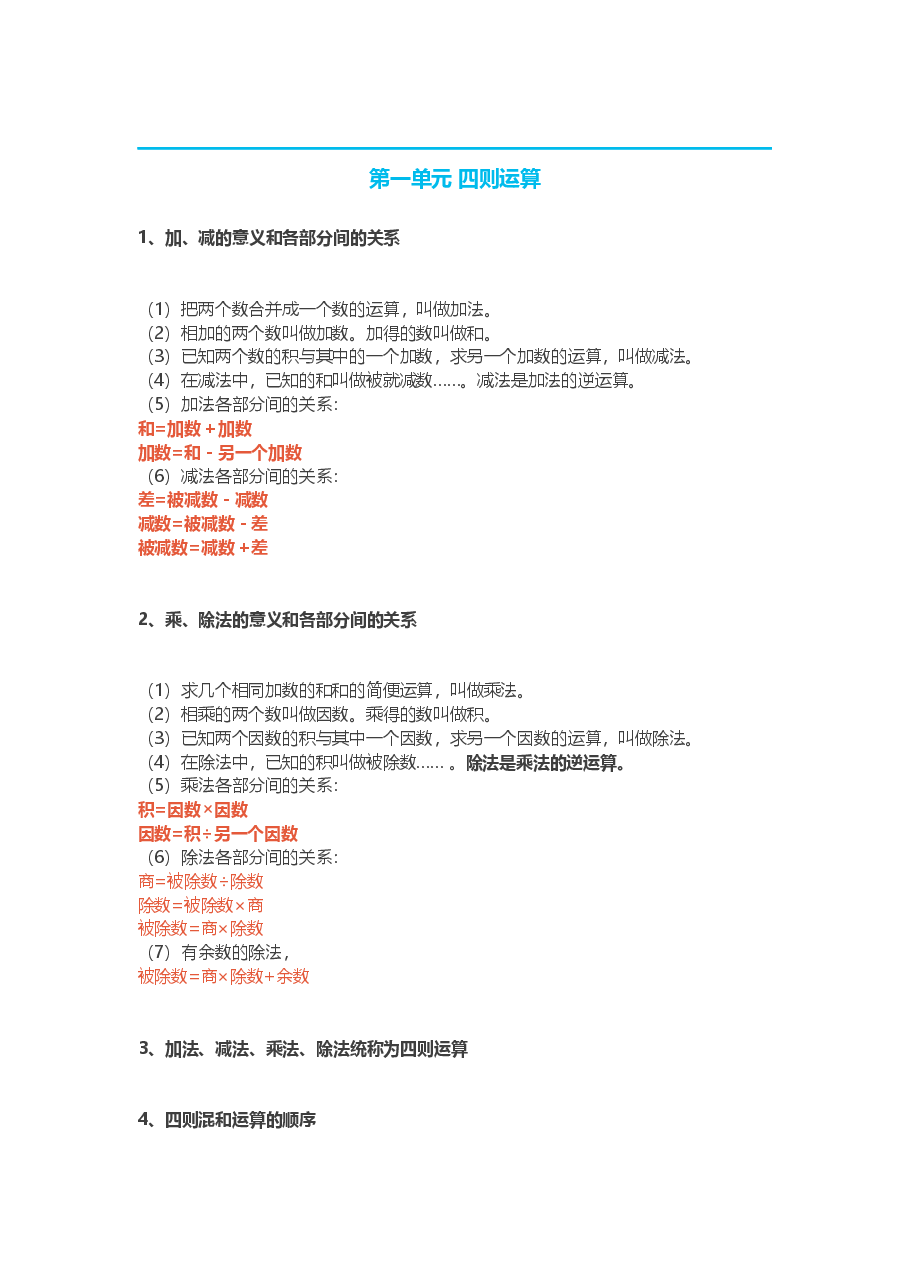 人教版小学四年级下册数学知识点预习.docx,第1页预览