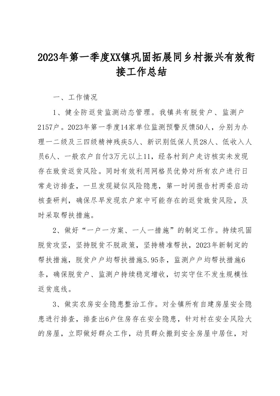 2023年第一季度XX镇巩固拓展同乡村振兴有效衔接工作总结.docx,第1页预览
