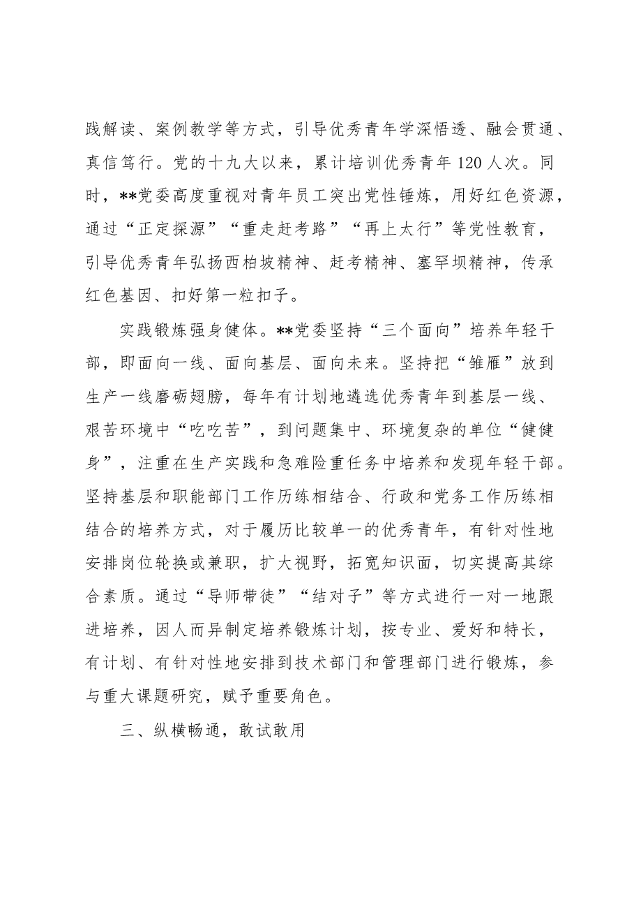国企党建经验交流:“选育用管”全链条发力 为年轻干部打造成长矩阵.docx,第3页预览