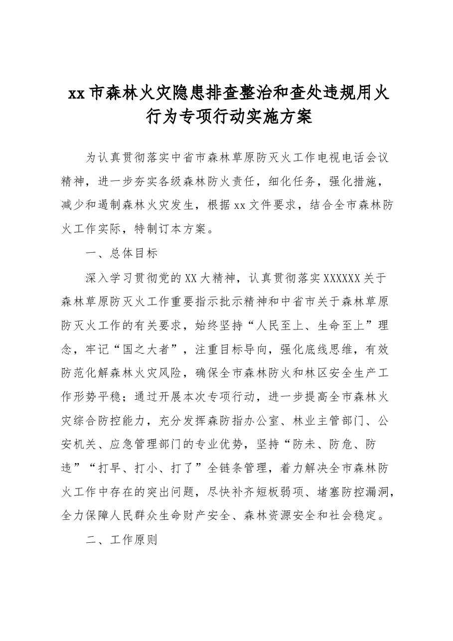 xx市森林火灾隐患排查整治和查处违规用火行为专项行动实施方案.docx,第1页预览