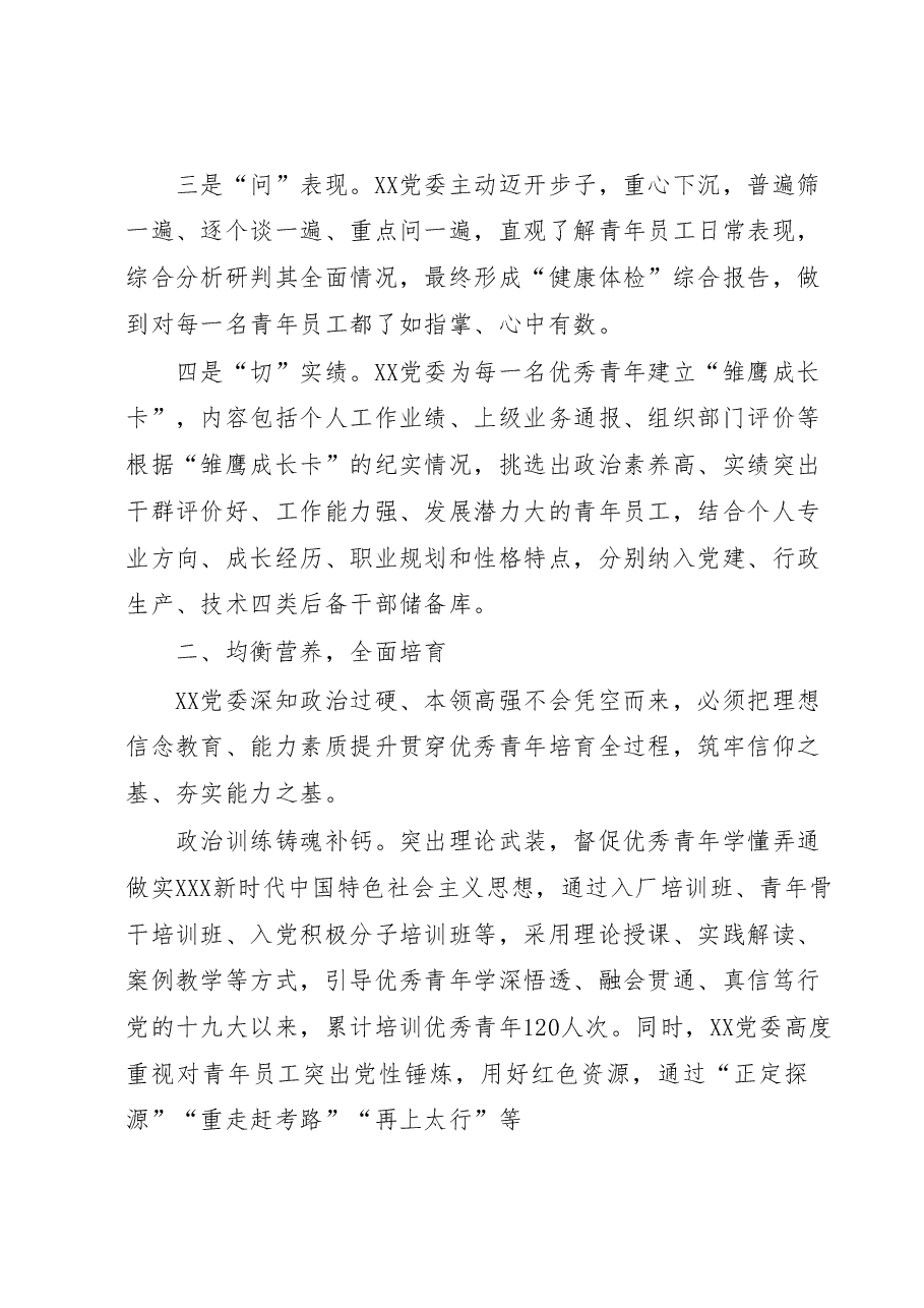 国企党建经验交流:“选育用管”全链条发力为年轻干部打造成长矩阵.docx,第3页预览