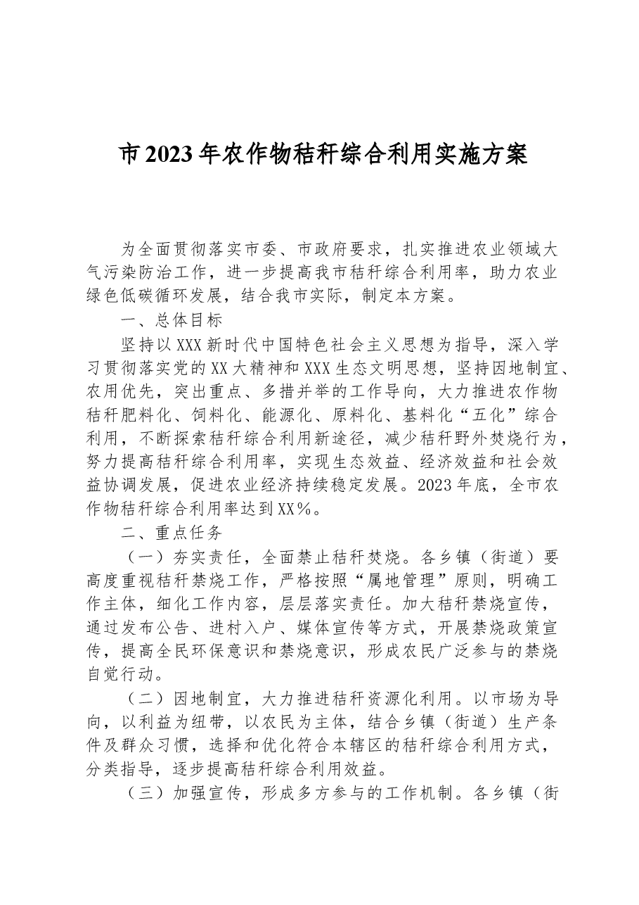 市2023年农作物秸秆综合利用实施方案.docx,第1页预览
