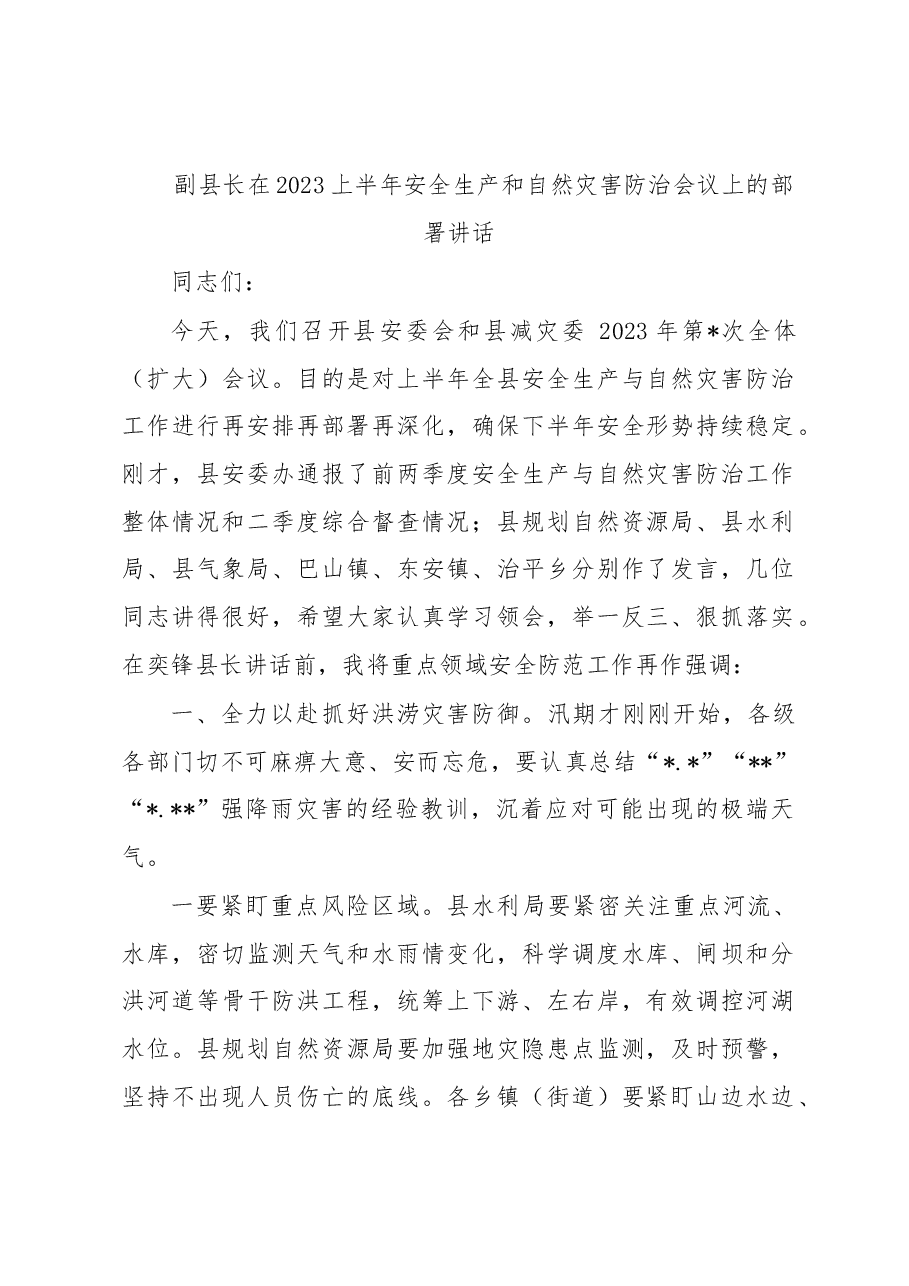 副县长在2023上半年安全生产和自然灾害防治会议上的部署讲话.docx,第1页预览