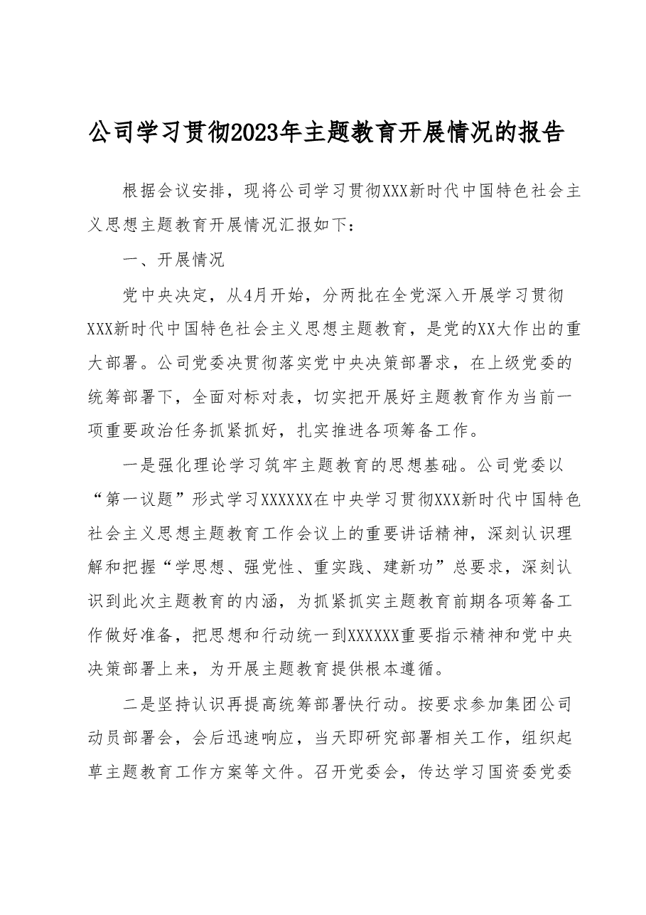 公司学习贯彻2023年主题教育开展情况的报告.docx,第1页预览