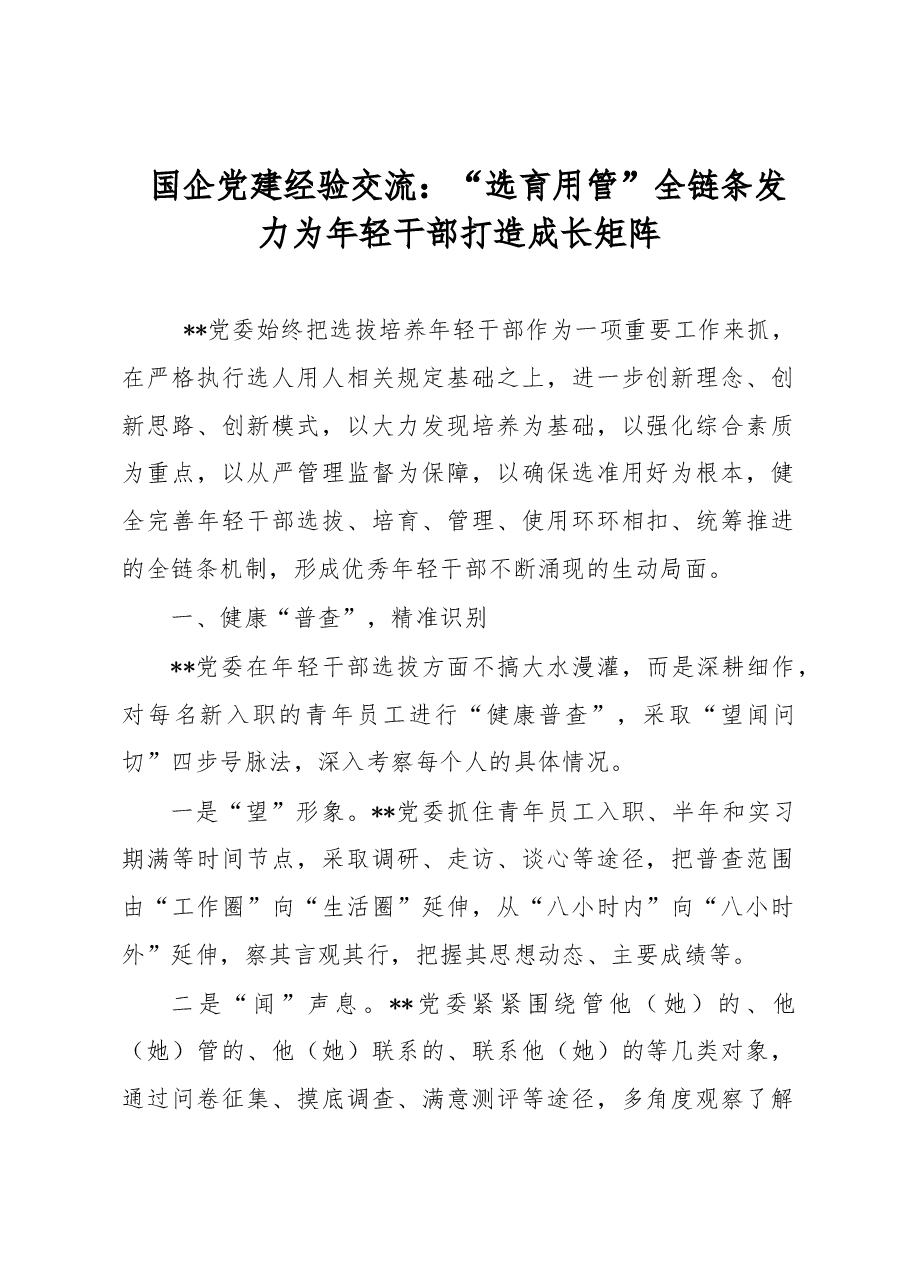 国企党建经验交流:“选育用管”全链条发力 为年轻干部打造成长矩阵.docx,第1页预览