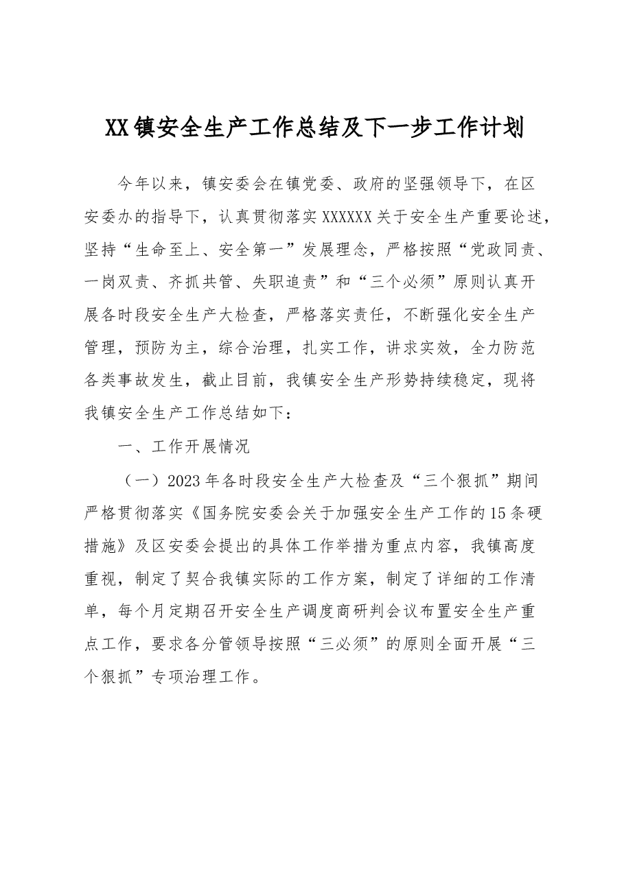 XX镇安全生产工作总结及下一步工作计划.docx,第1页预览