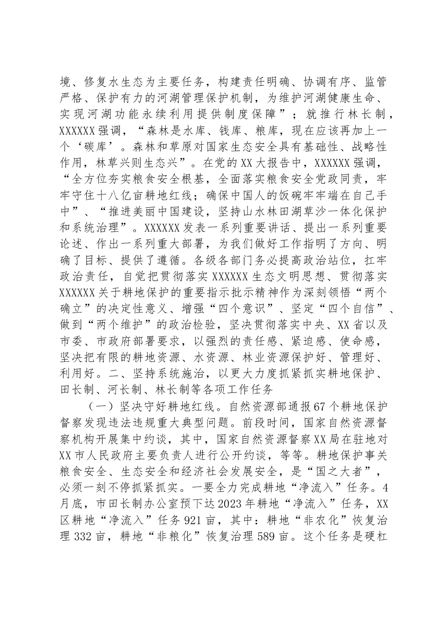 区委书记在耕地保护暨田长制、河长制、林长制工作会议上的讲话.docx,第2页预览
