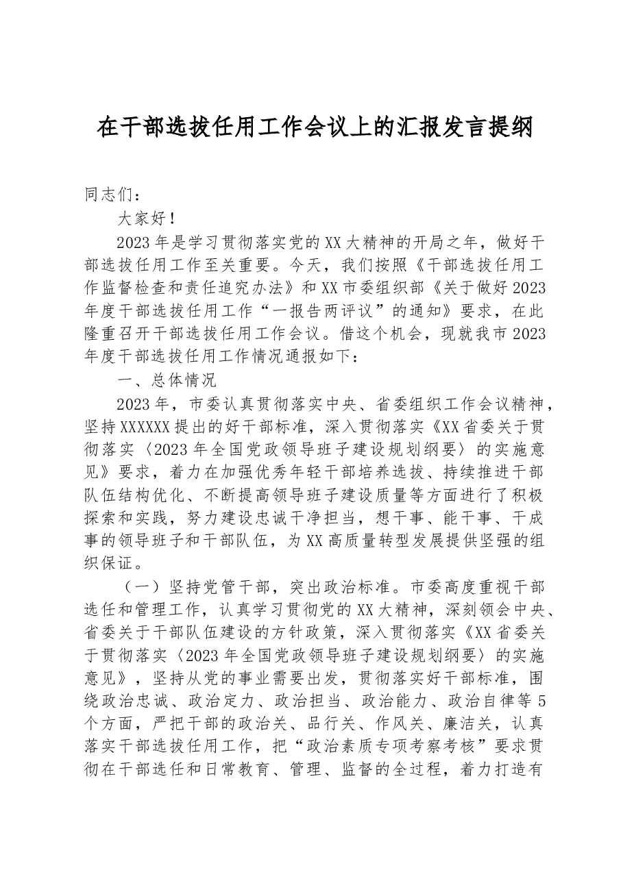 在干部选拔任用工作会议上的汇报发言提纲.docx,第1页预览