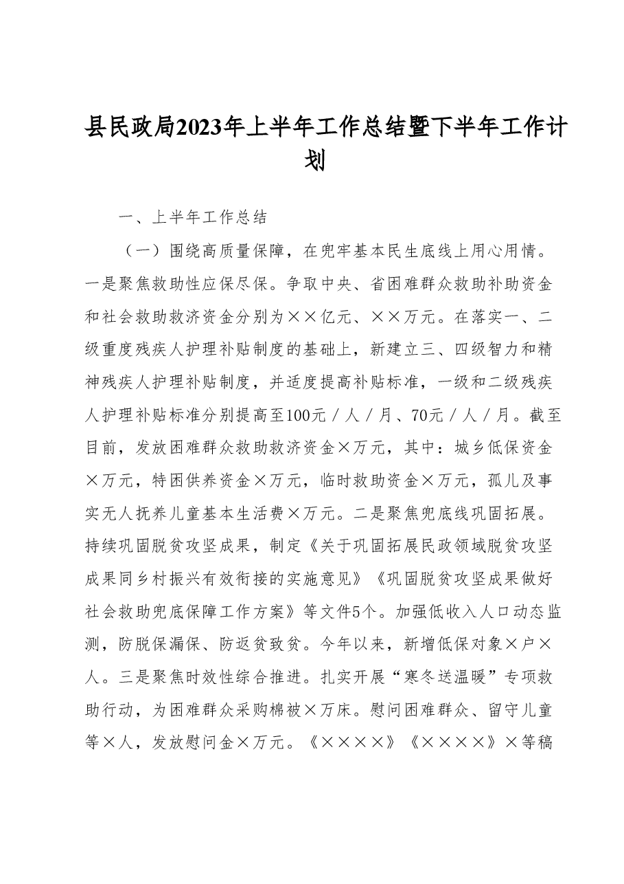 县民政局2023年上半年工作总结暨 下半年工作计划.docx,第1页预览