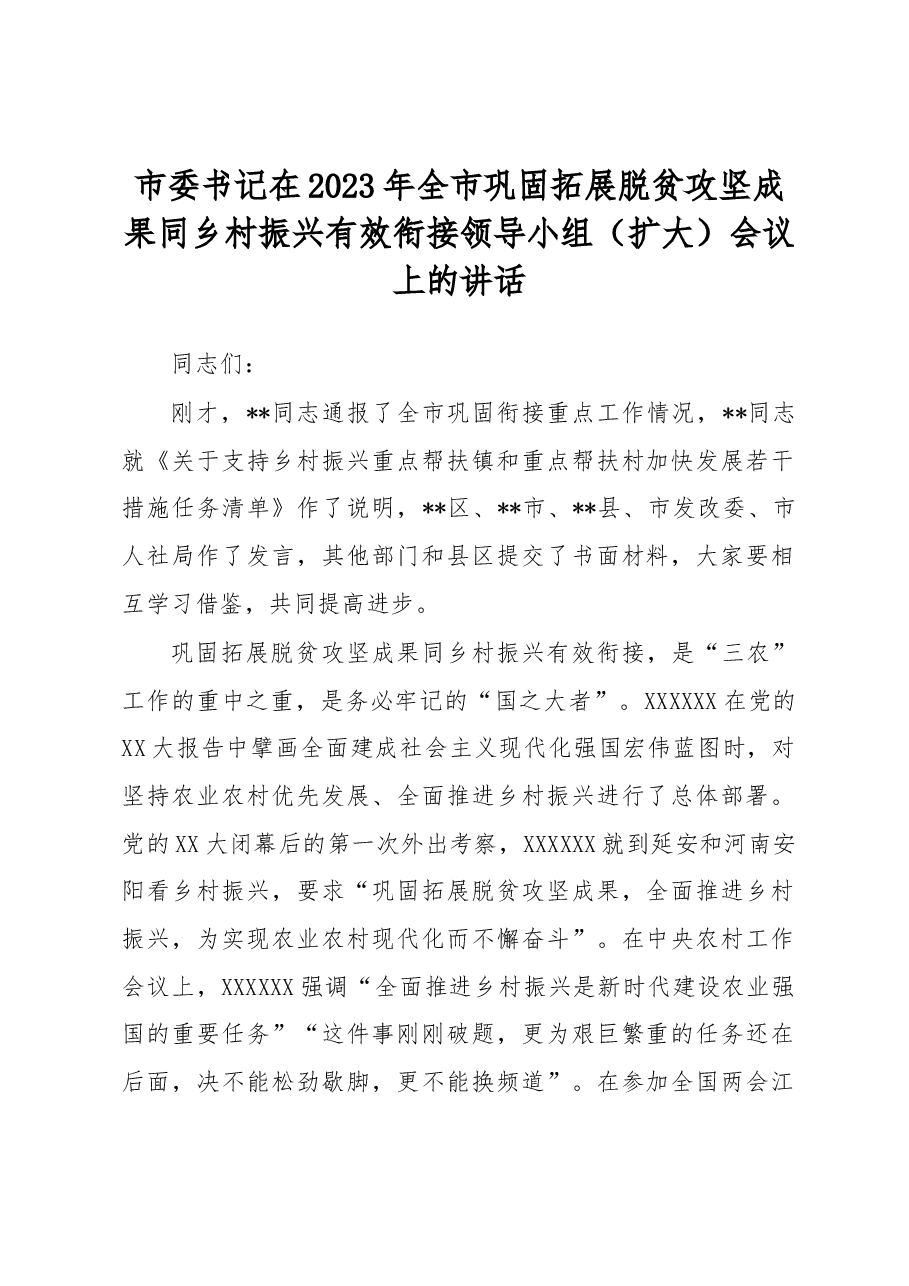 市委书记在2023年全市巩固拓展脱贫攻坚成果同乡村振兴有效衔接领导小组(扩大)会议上的讲话.docx,第1页预览