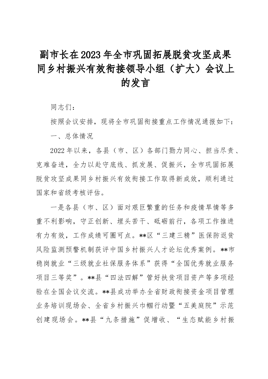 副市长在2023年全市巩固拓展脱贫攻坚成果同乡村振兴有效衔接领导小组（扩大）会议上的发言.docx，第1页预览