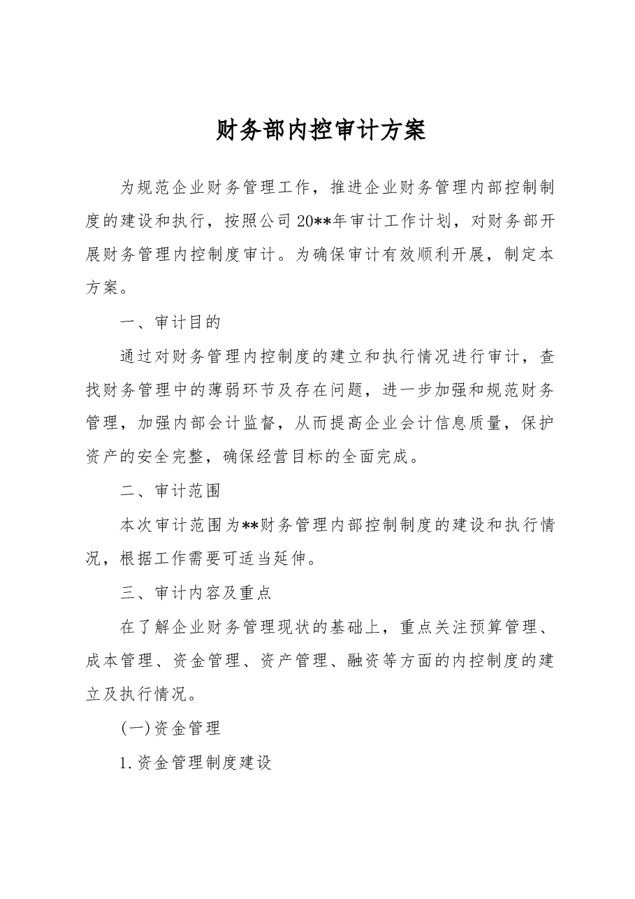 财务部内控审计方案.docx,第1页预览