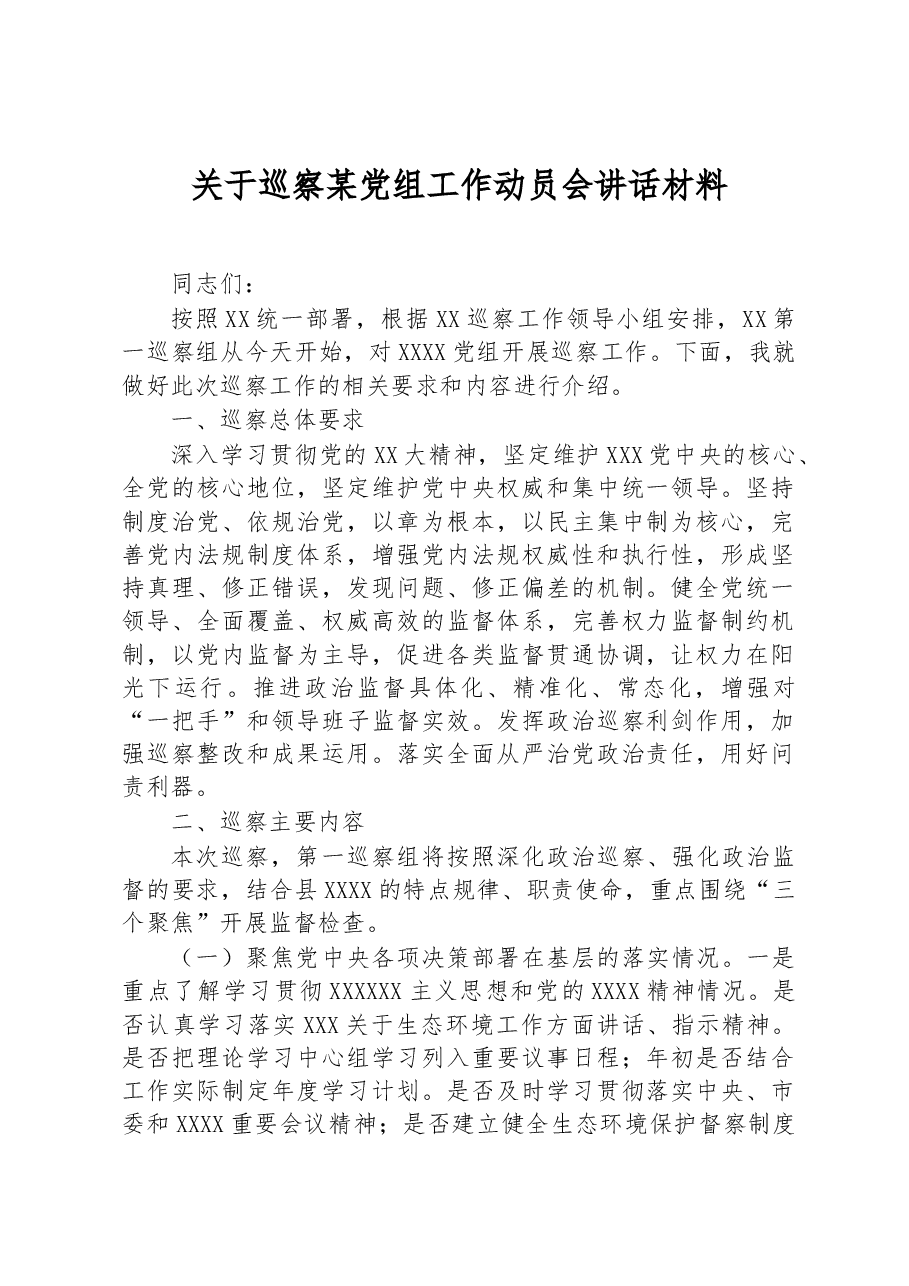 关于巡察某党组工作动员会讲话材料.docx,第1页预览