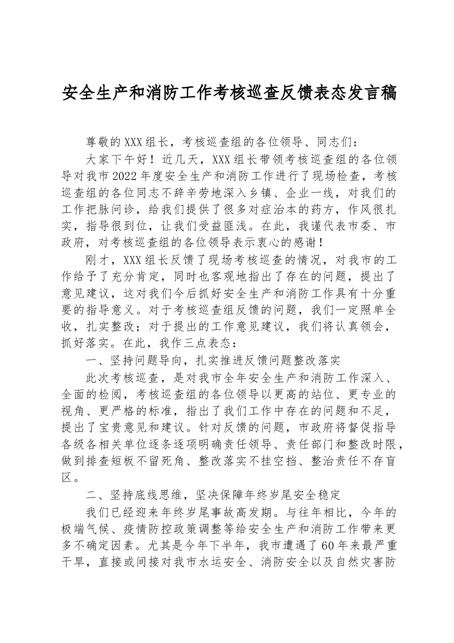 安全生产和消防工作考核巡查反馈表态发言稿.docx,第1页预览