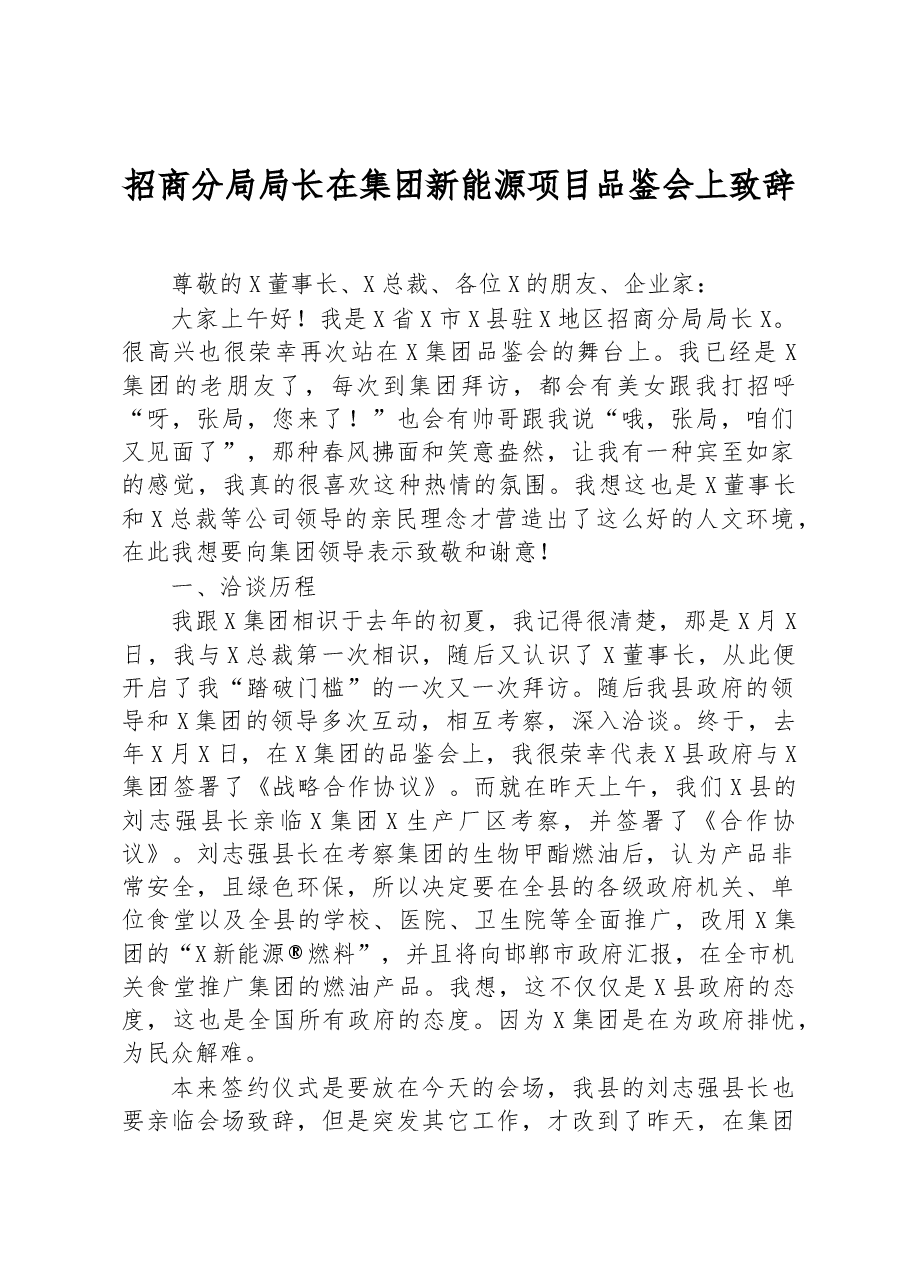 招商分局局长在集团新能源项目品鉴会上致辞.docx,第1页预览