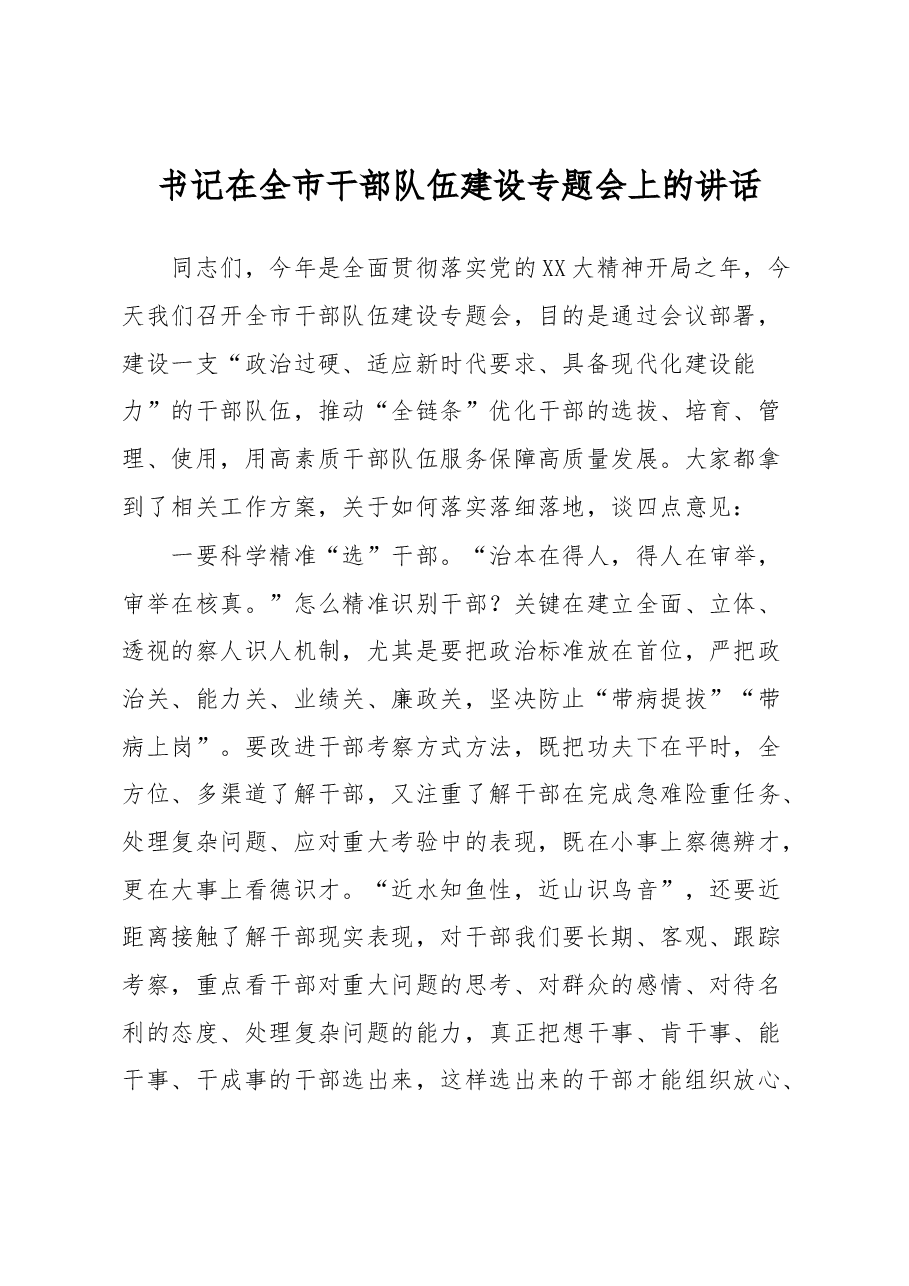 书记在全市干部队伍建设专题会上的讲话.docx,第1页预览